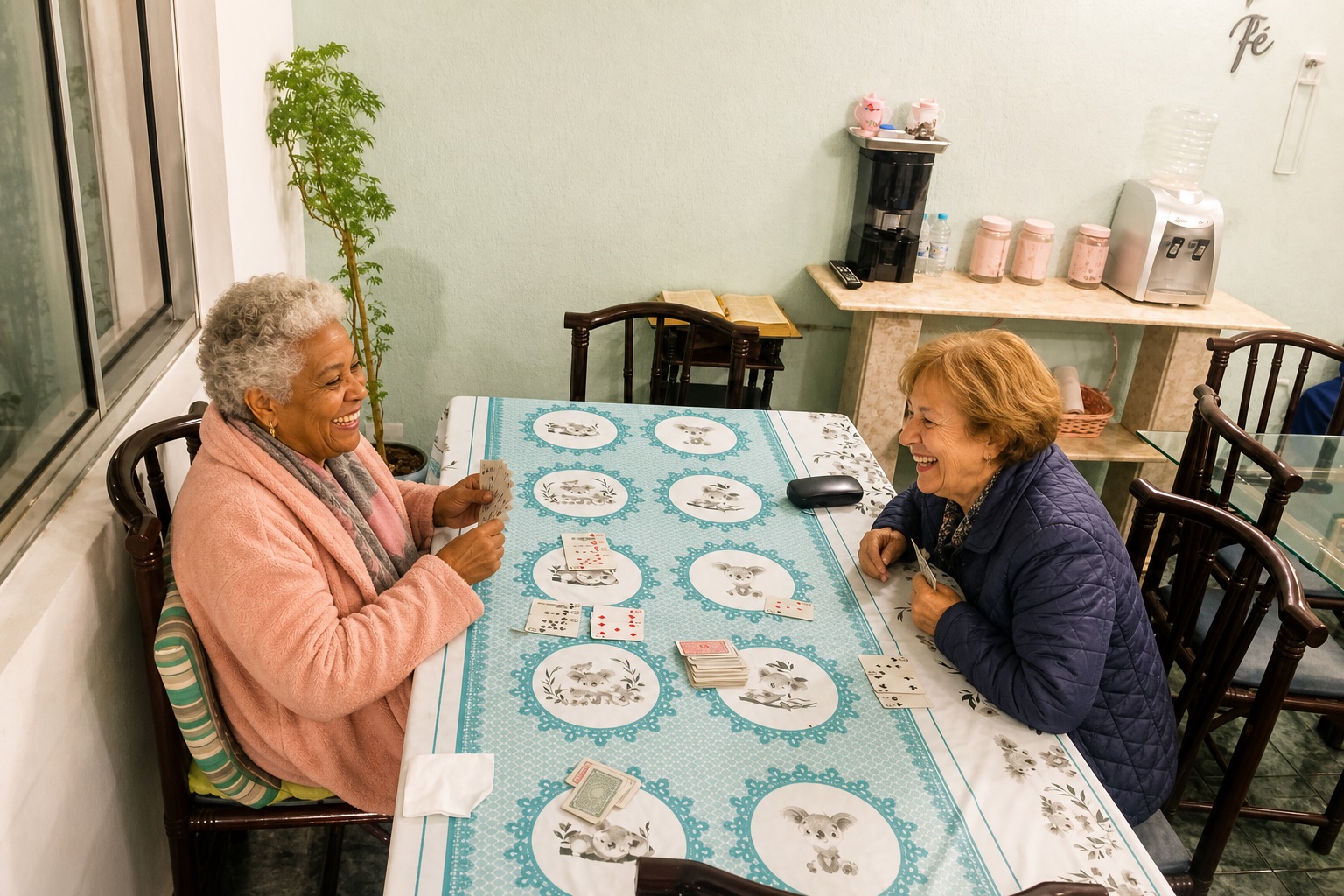 Residentes felizes jogando cartas